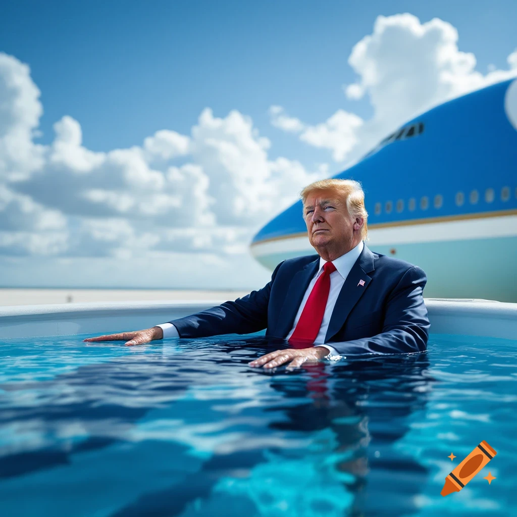 Photorealistic image of Donald Trump sitting in a pool next to Air Force One.