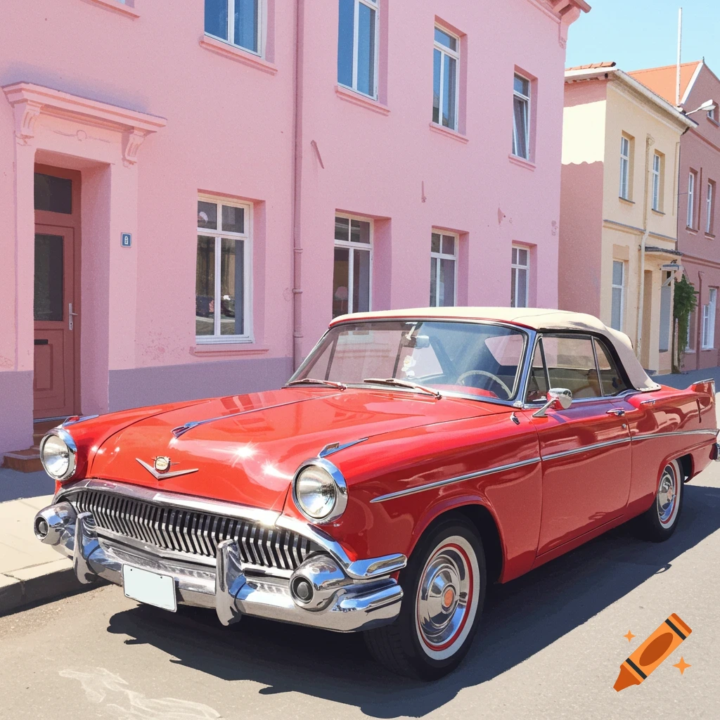 A shiny red vintage convertible car parked on a street in front of a pink building.