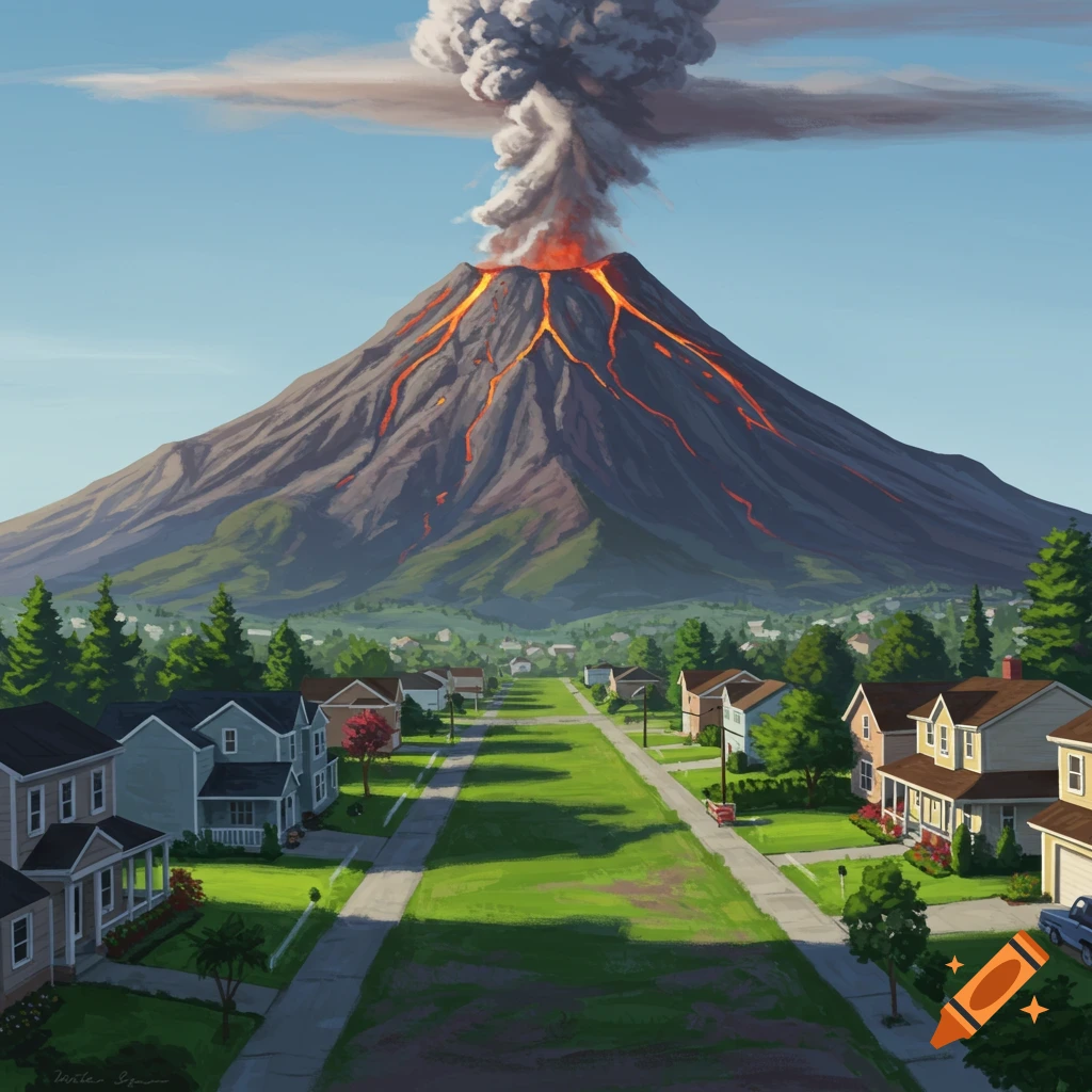 A large volcano erupts with lava flows and smoke above a quiet suburban street lined with houses.