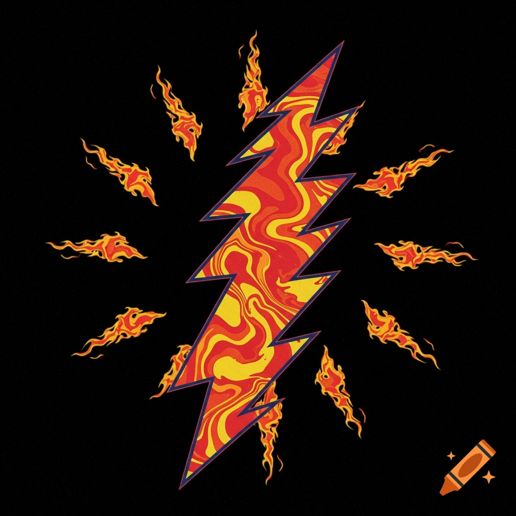 A stylized lightning bolt with swirled orange and yellow inside, surrounded by red and orange flames, on a black background.