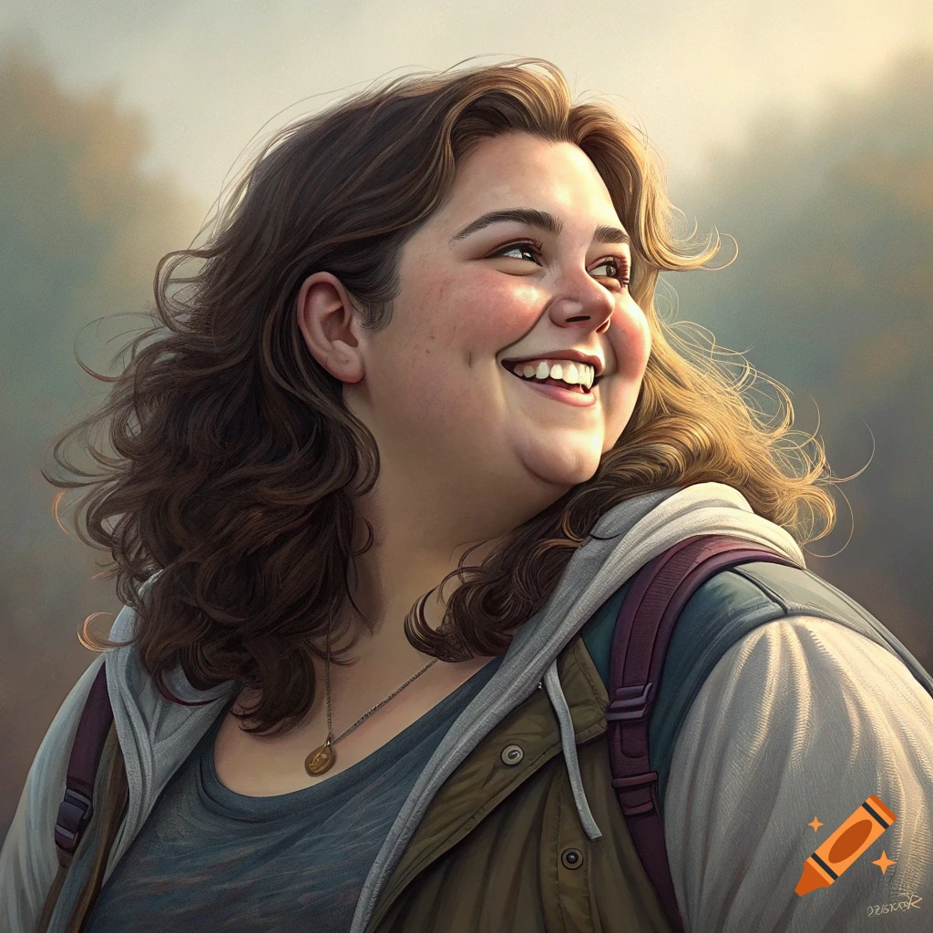 Smiling portrait of a young woman wearing a backpack outdoors, with wavy hair and freckles.