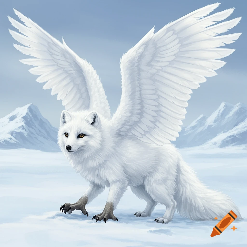A white winged arctic fox stands in a snowy mountain landscape.