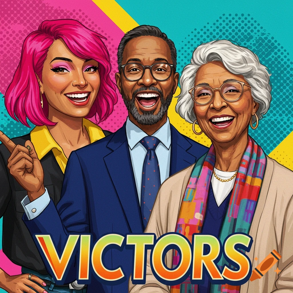 Three diverse smiling people in a pop art style with a colorful background and the text VICTORS.