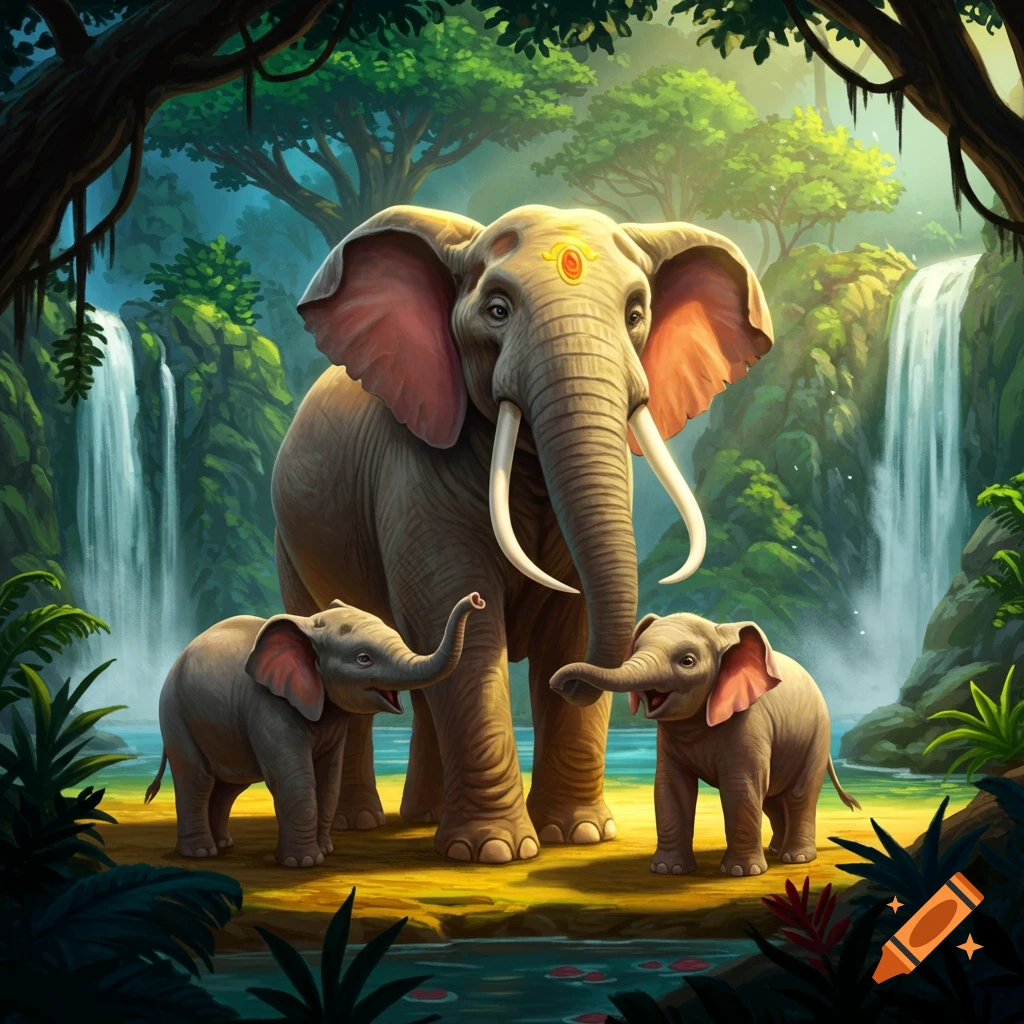 An adult elephant with two calves in a lush jungle with waterfalls.