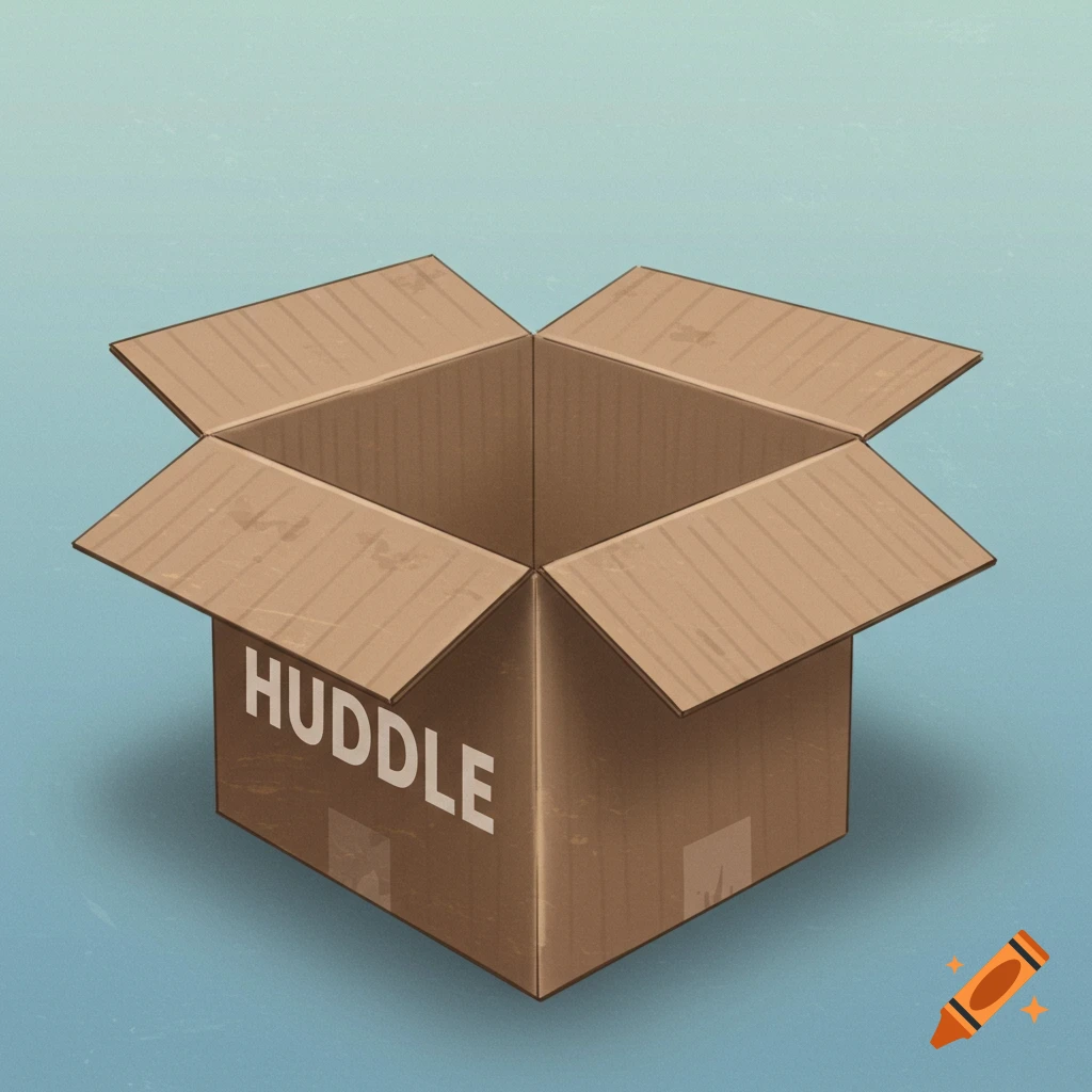 An open cardboard box with the word HUDDLE on the side.