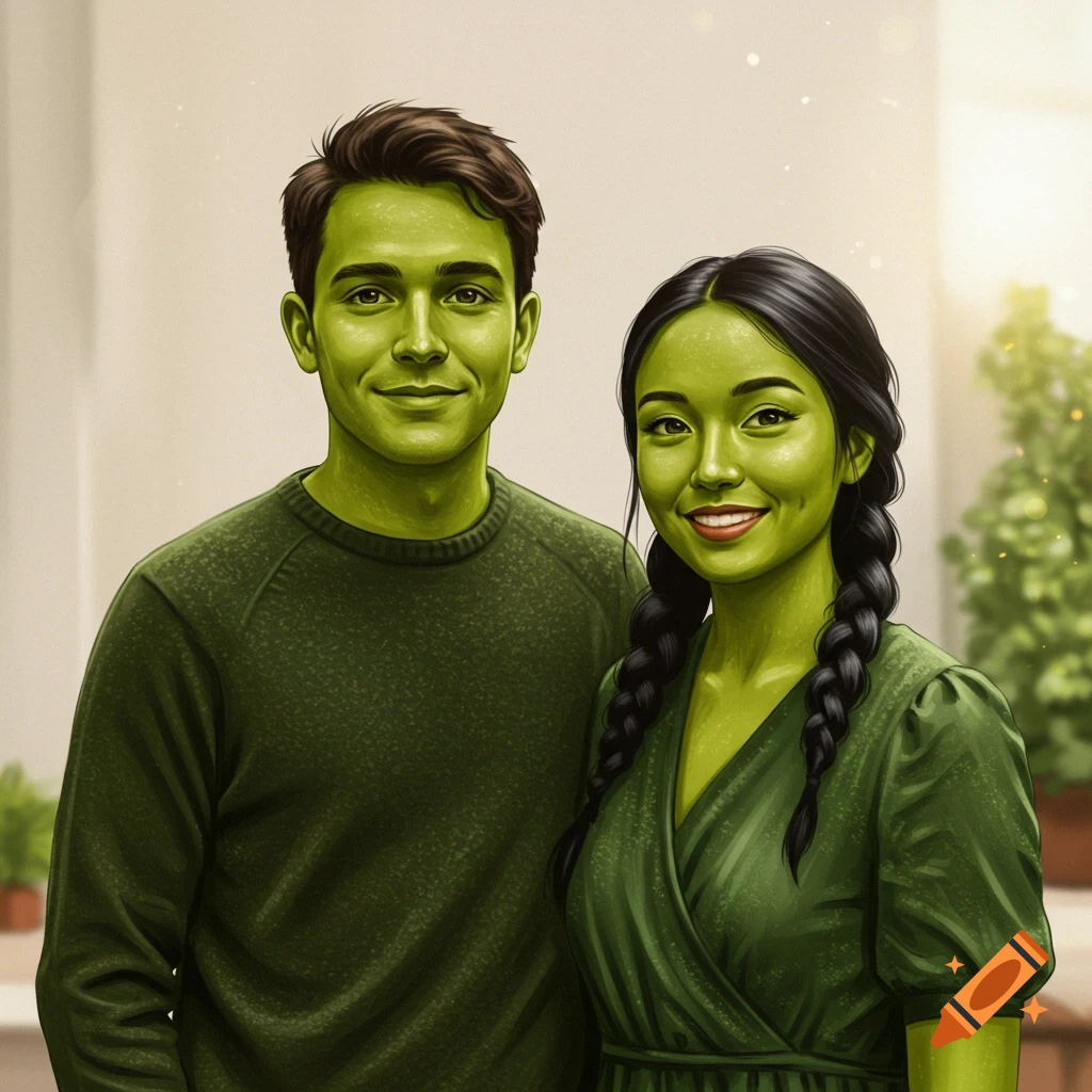 Two people with green skin stand together and smile.