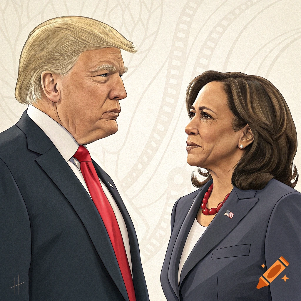 Illustration of Donald Trump and Kamala Harris looking at each other.