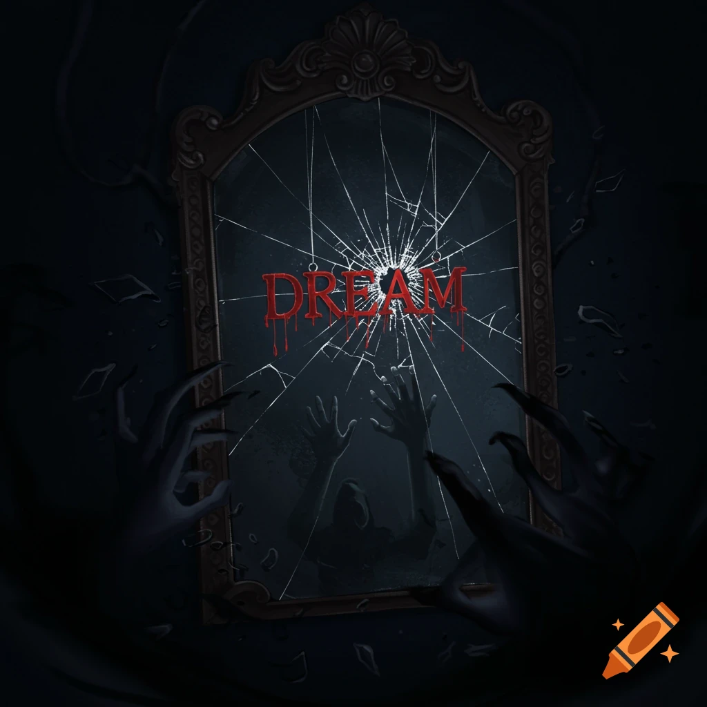 Cracked mirror with "DREAM" bleeding text, dark hands reaching out, dark figure reflection.