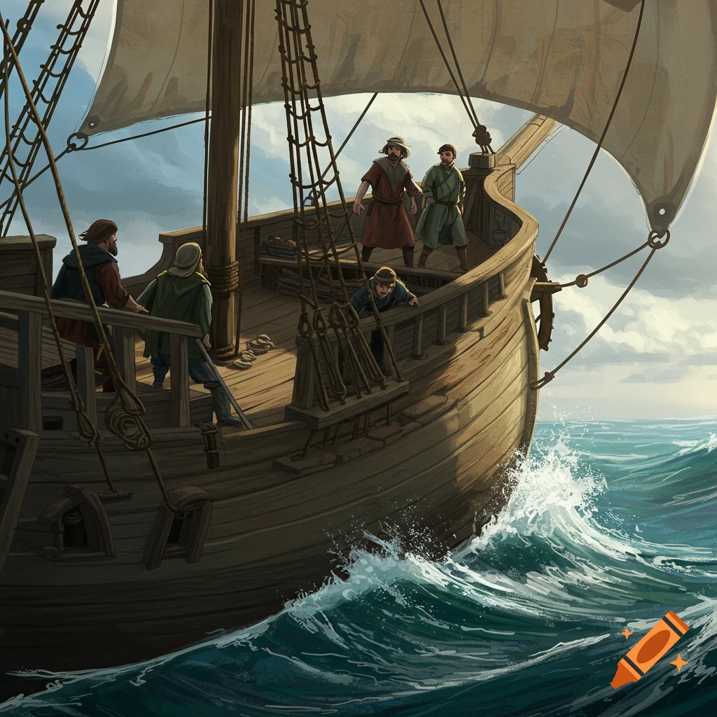 Painterly image of men on a wooden sailing ship on rough seas under dramatic sky.