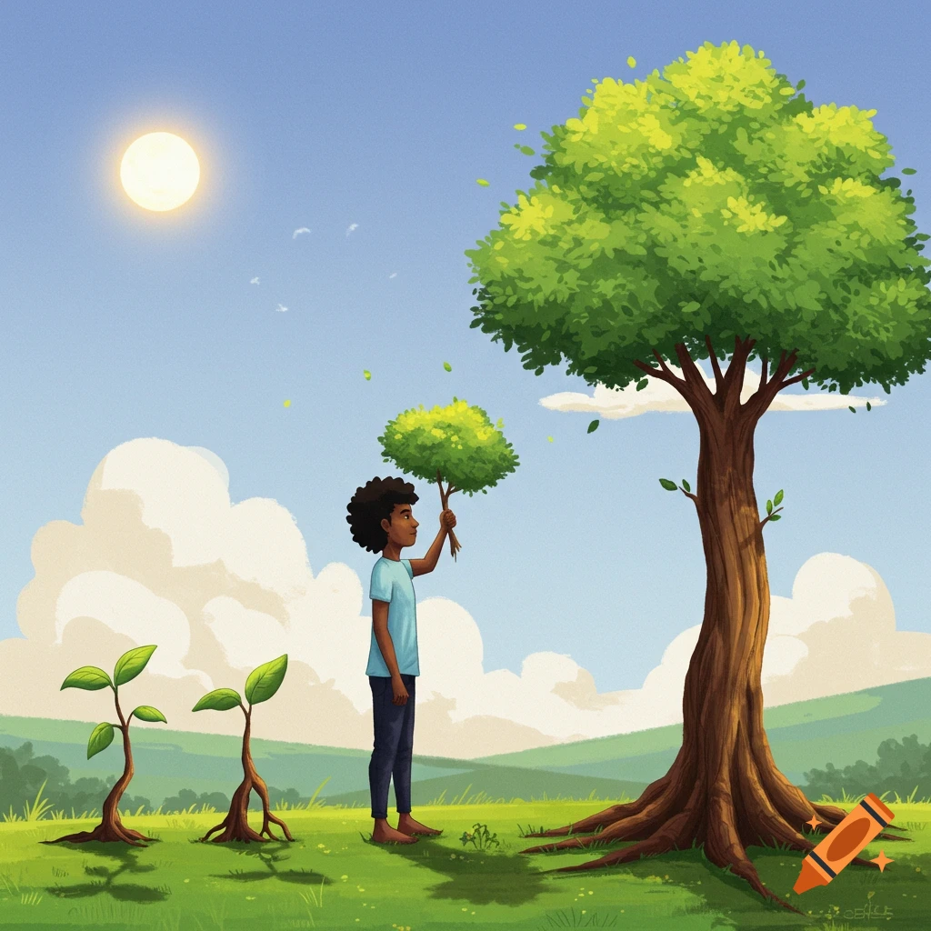 Illustration of a person planting a small tree near a large one, with sprouts, in a sunny field.