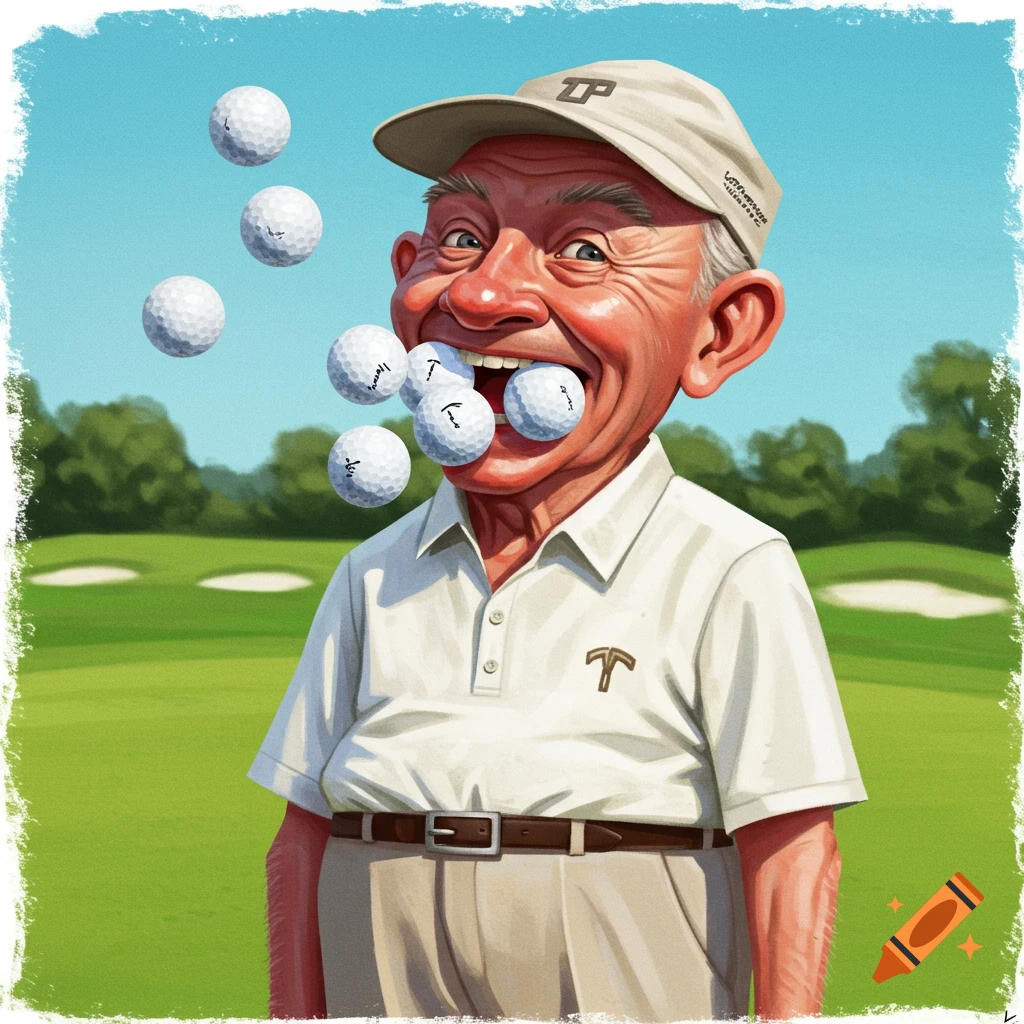 Caricature of an old man holding multiple golf balls in his mouth on a golf course.