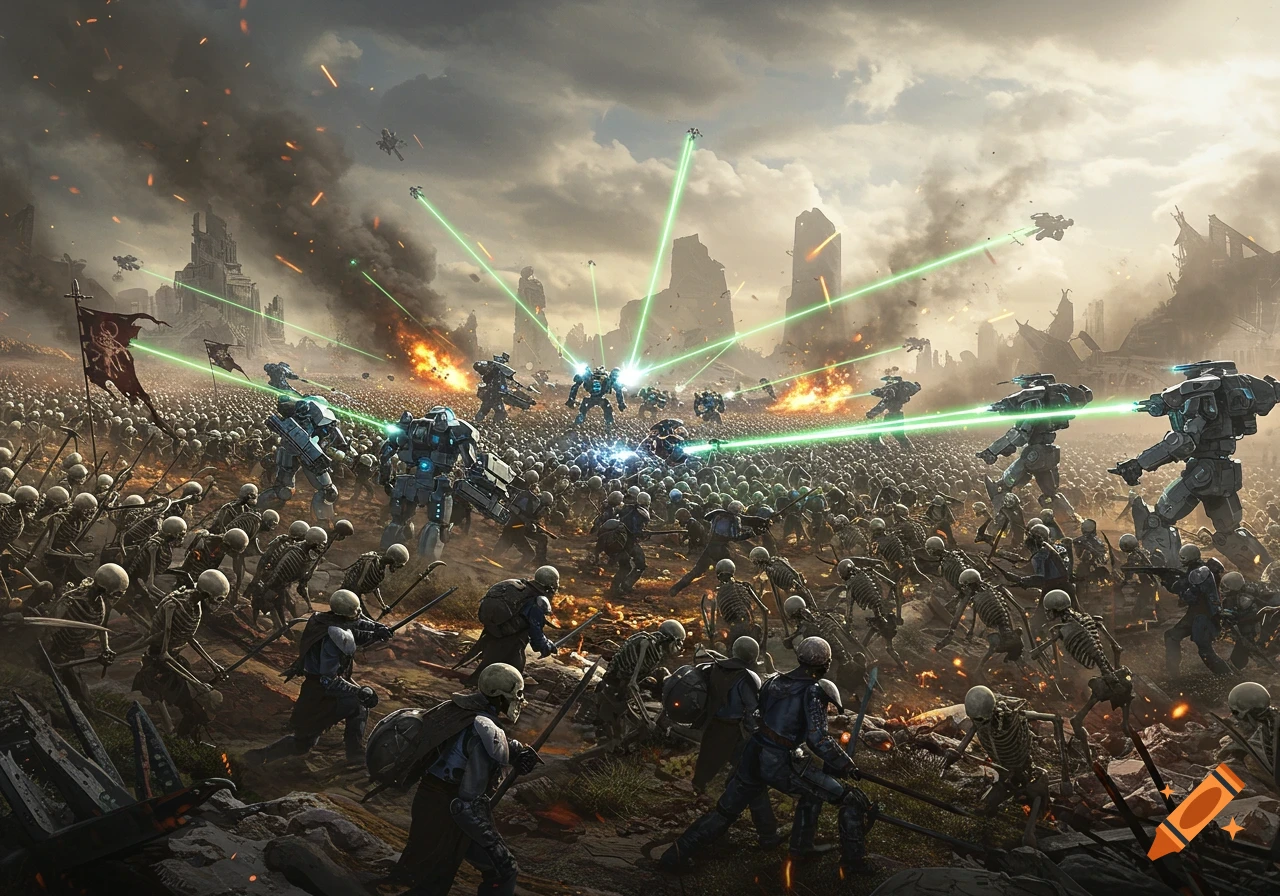 A massive epic battle scene with an army of skeletons fighting an army of robots on a battlefield.