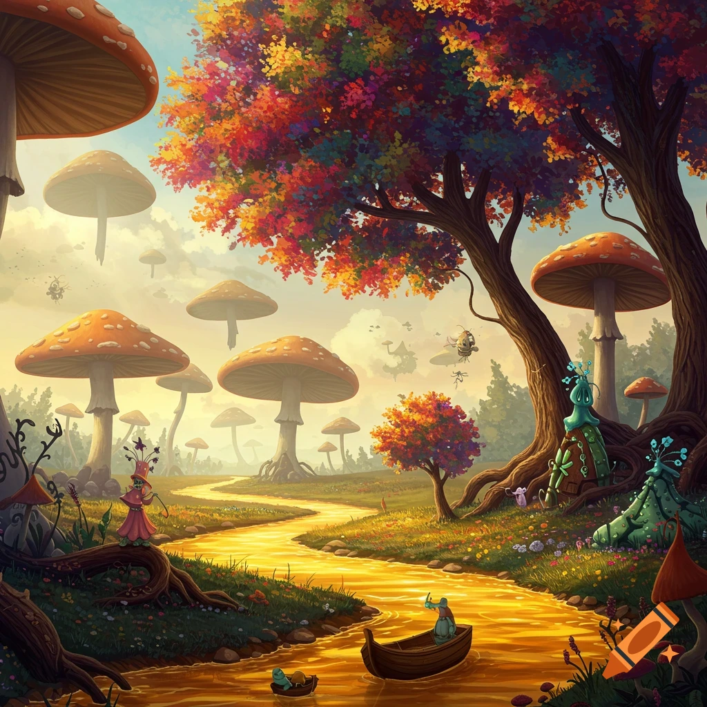 A surreal fantasy landscape with giant mushrooms, colorful trees, a golden river, and whimsical creatures.