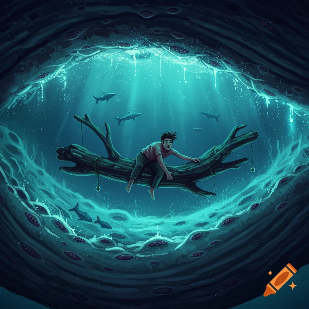 Illustration of a man on a log floating inside a large creature with sharks and eye-like structures.