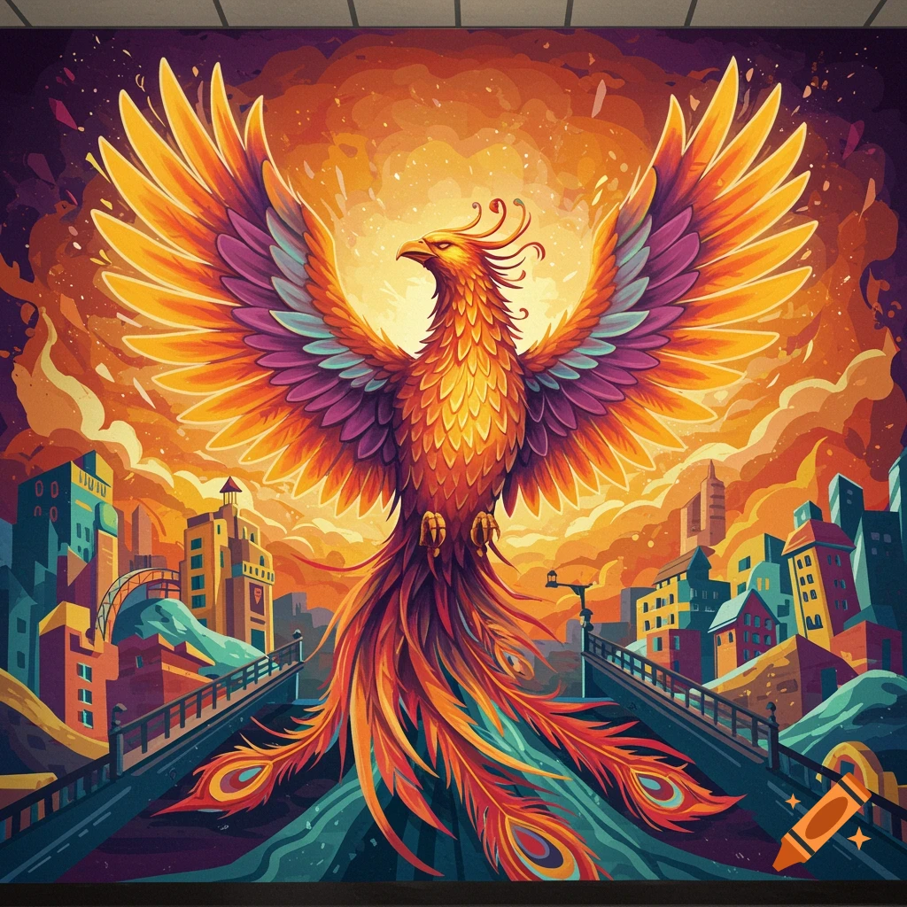 Vibrant illustration of a phoenix with spread wings soaring over a stylized city at sunset.