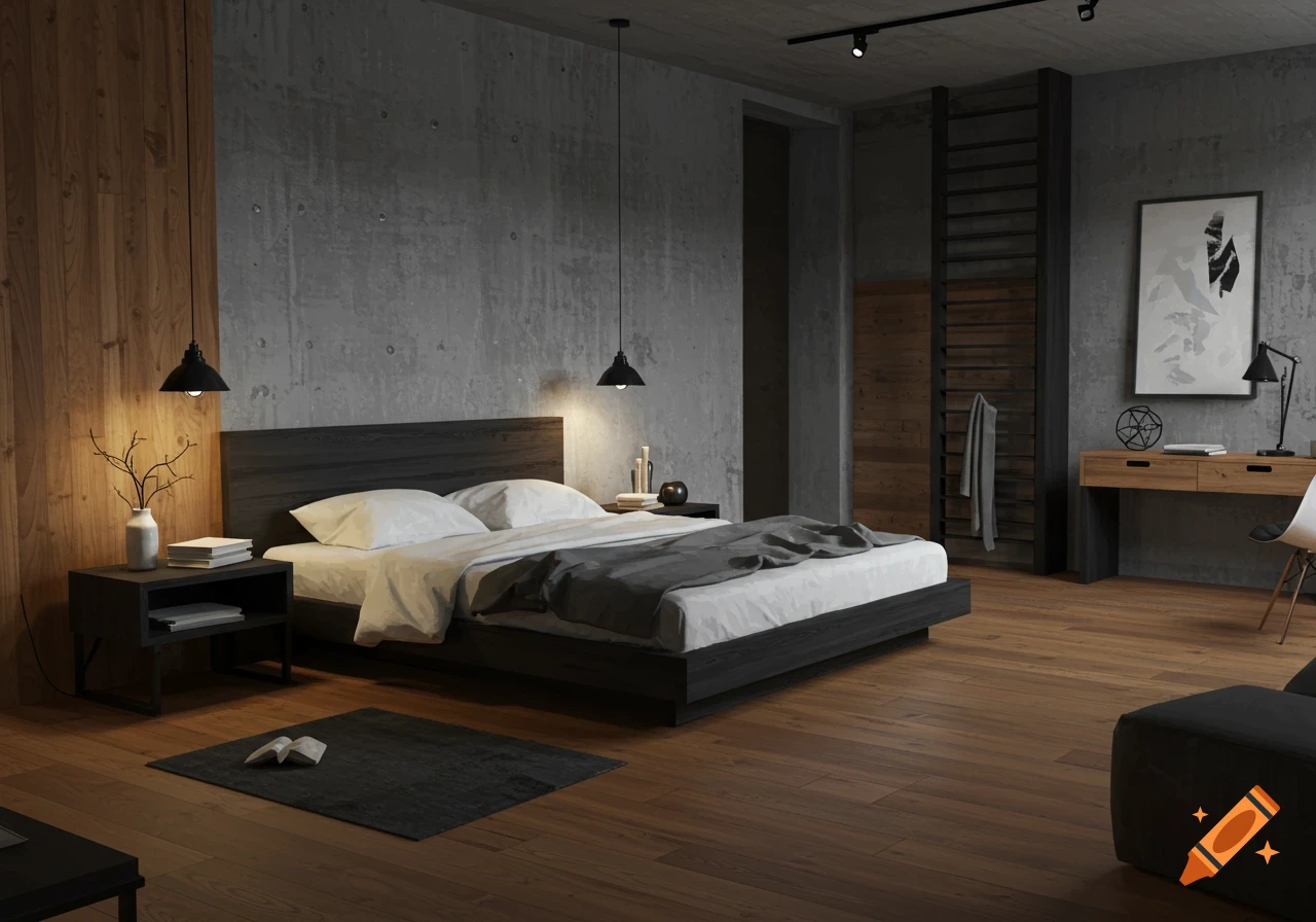 A modern industrial style bedroom with concrete walls, wood panels, a bed, and a desk.