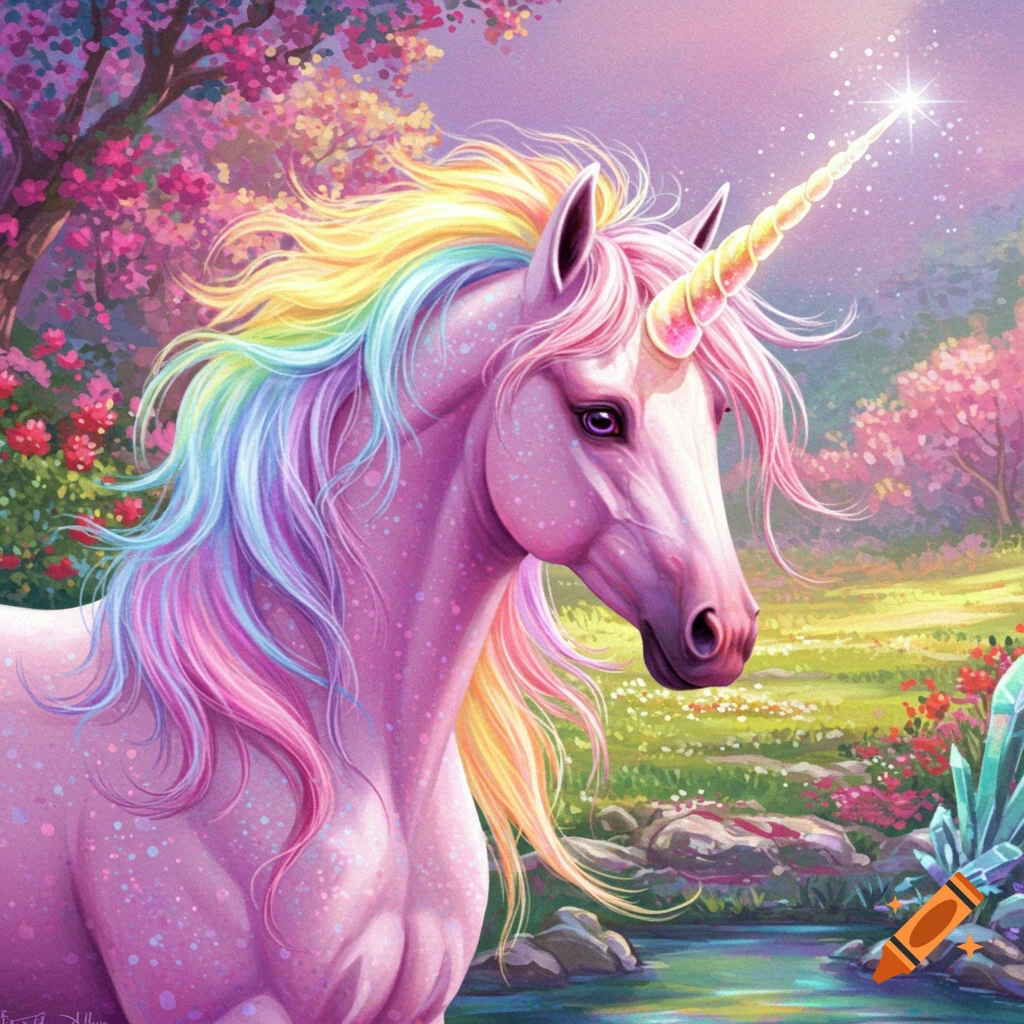 Pink unicorn with rainbow mane in a colorful fantasy forest