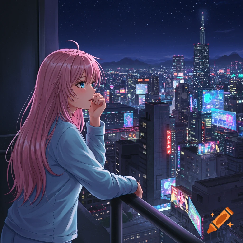 Anime woman with pink hair on balcony overlooking a futuristic night city skyline.