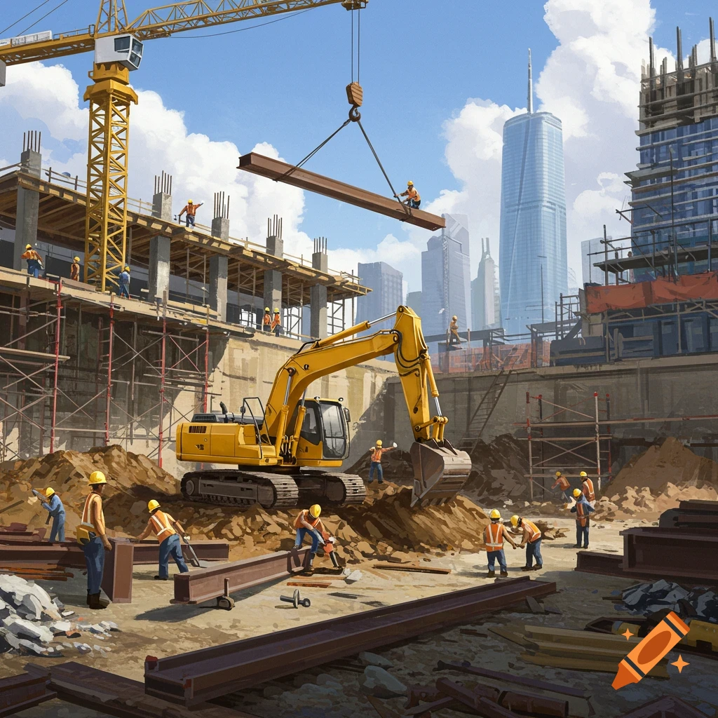 Detailed illustration of a busy construction site with workers, a crane lifting a beam, an excavator, and a city skyline in the background.