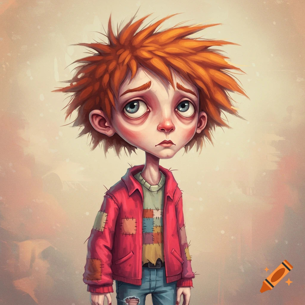 Stylized illustration of a sad boy with messy orange hair and a patched jacket.