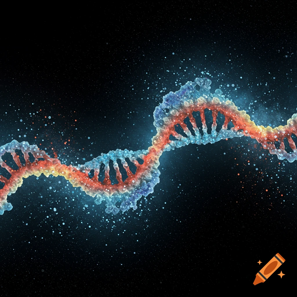 A colorful, glowing DNA helix structure against a dark background with particles.