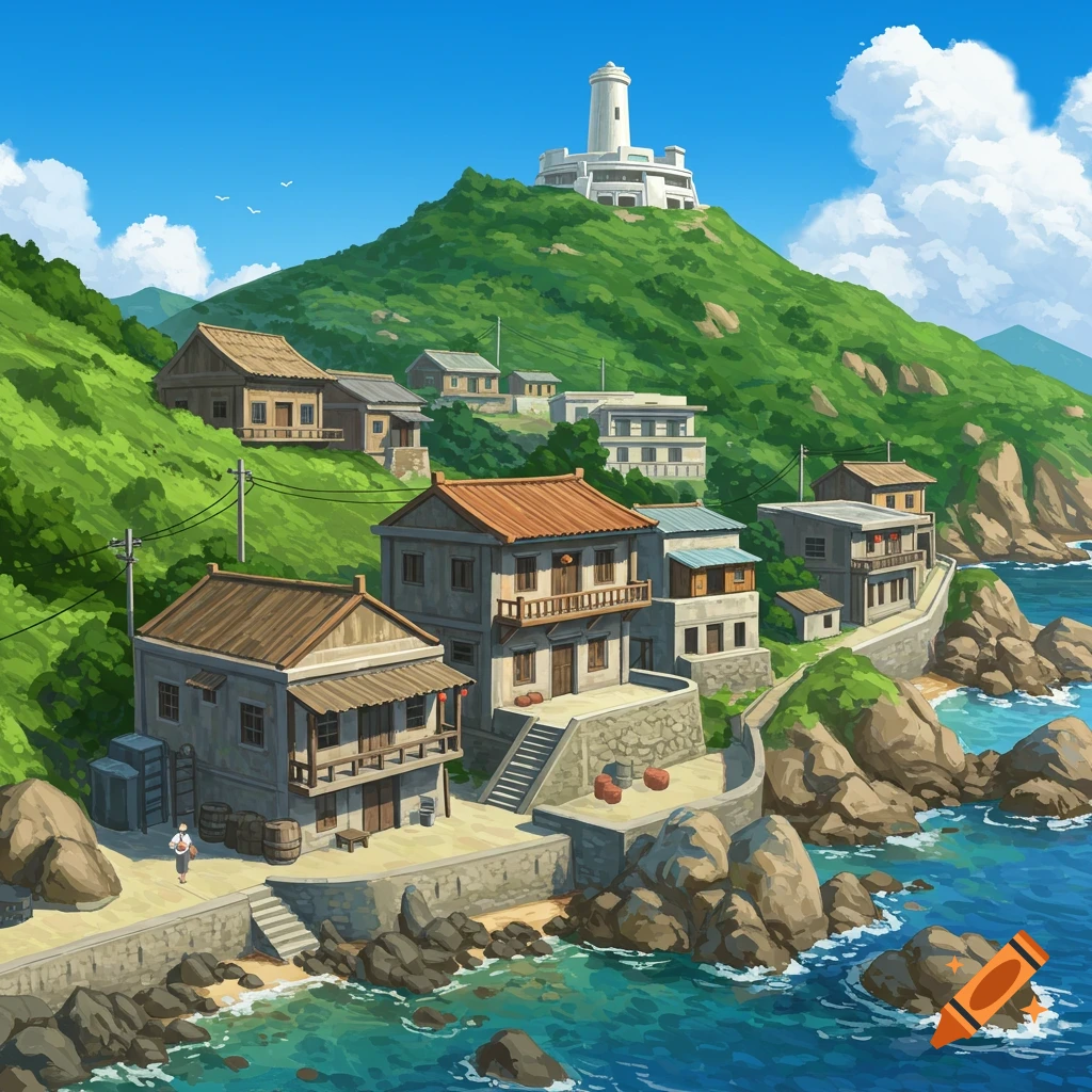 Illustrative view of a coastal village on a green hillside with a lighthouse on top, overlooking the sea.