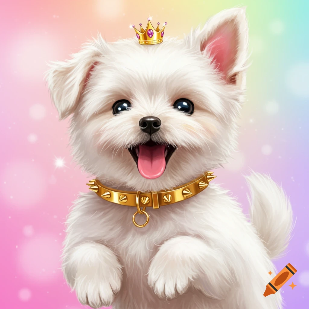A cute white puppy wears a gold crown and spiked collar against a pastel background.