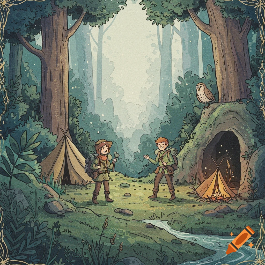 Watercolor illustration of two adventurers camping in a forest with tents and an owl.