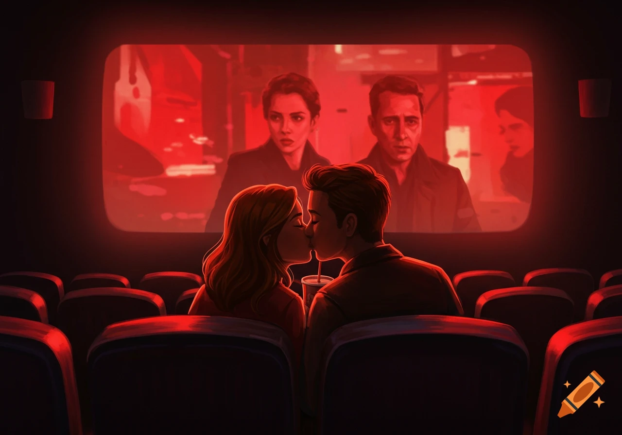 An illustration of a couple kissing in a movie theater