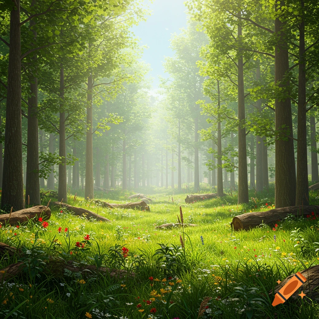 Sunlit forest floor with trees, grass, logs, and wildflowers