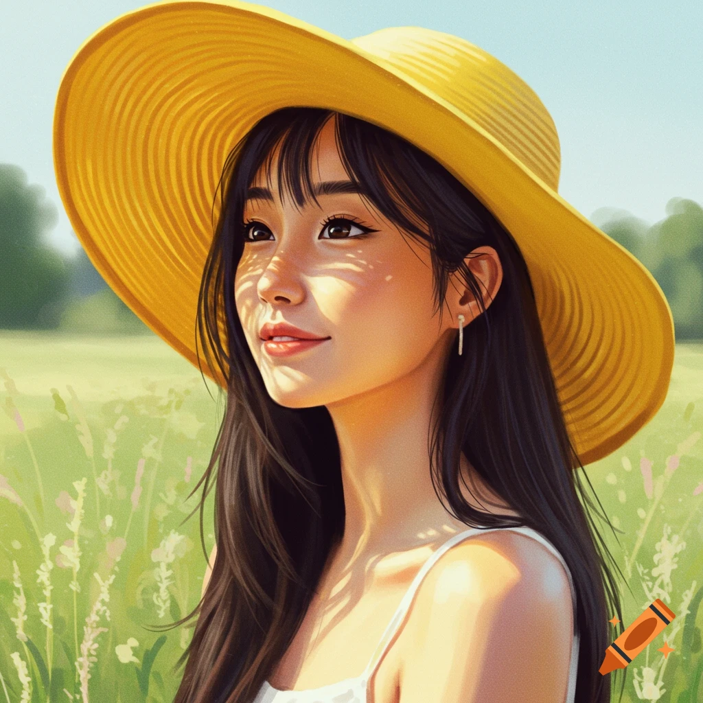 Portrait of a woman in a large yellow hat in a field, with sunlit dappling on her face.