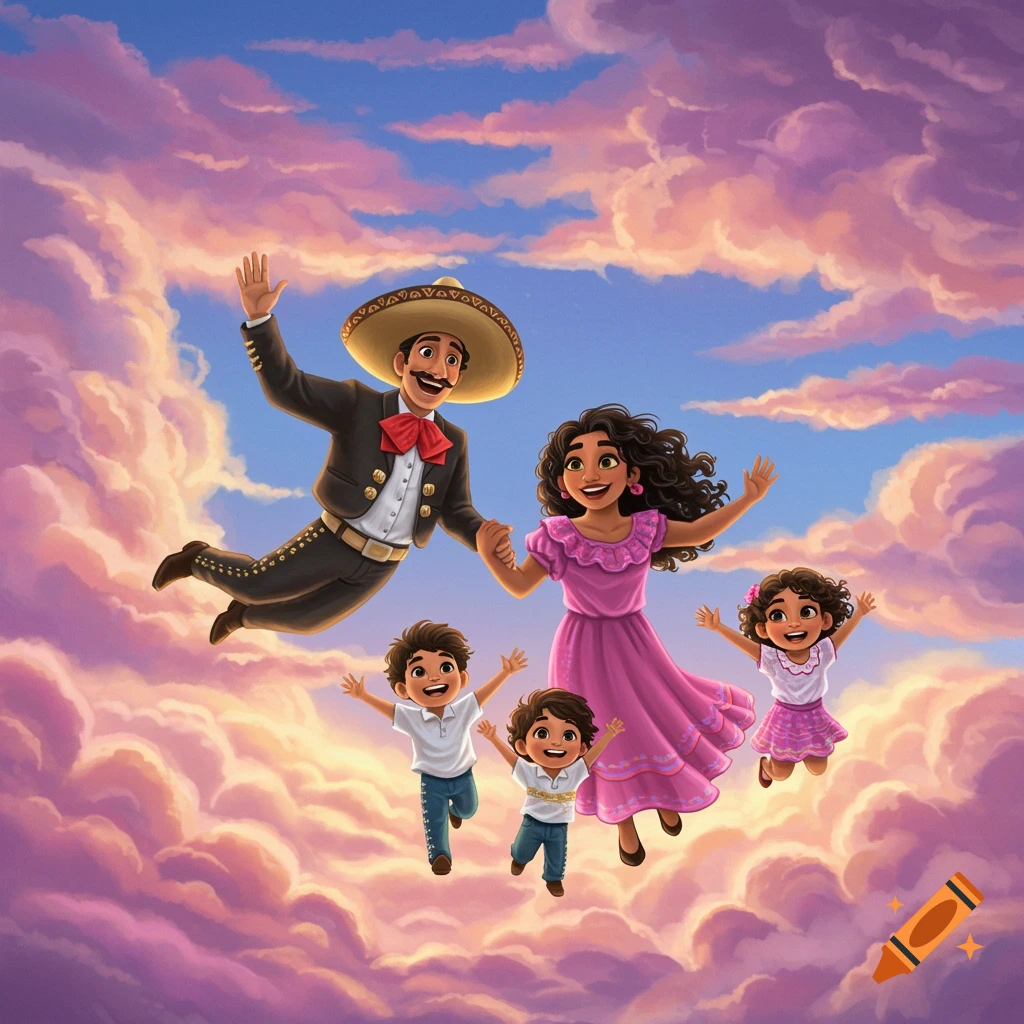 An illustrated family, featuring a man in a sombrero and a woman in a pink dress, flies with their children through fluffy clouds.