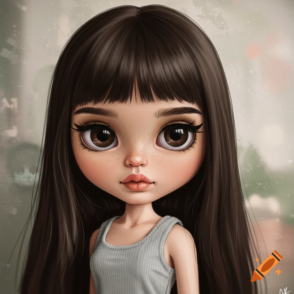 A stylized portrait of a doll with big eyes, long dark hair, and bangs, wearing a grey tank top.