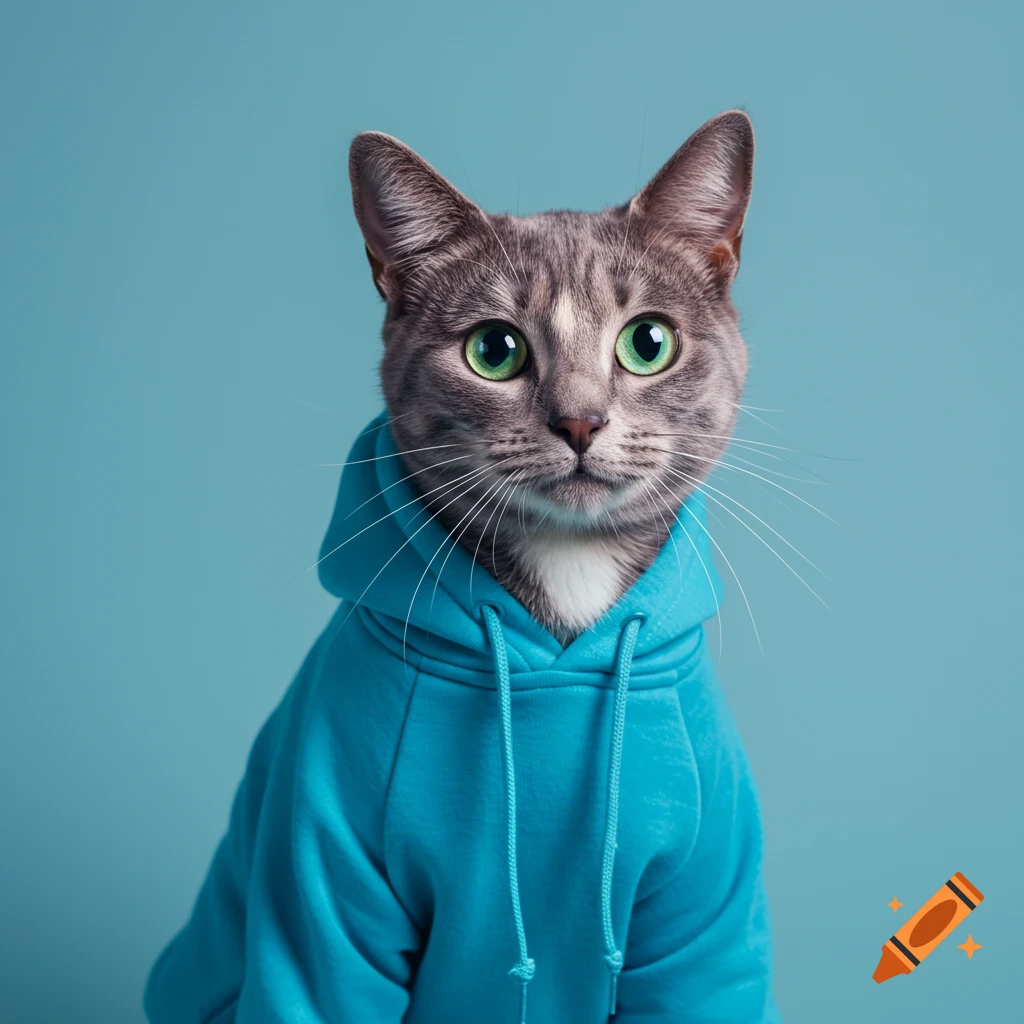 A grey tabby cat with green eyes wears a blue hoodie against a blue background.