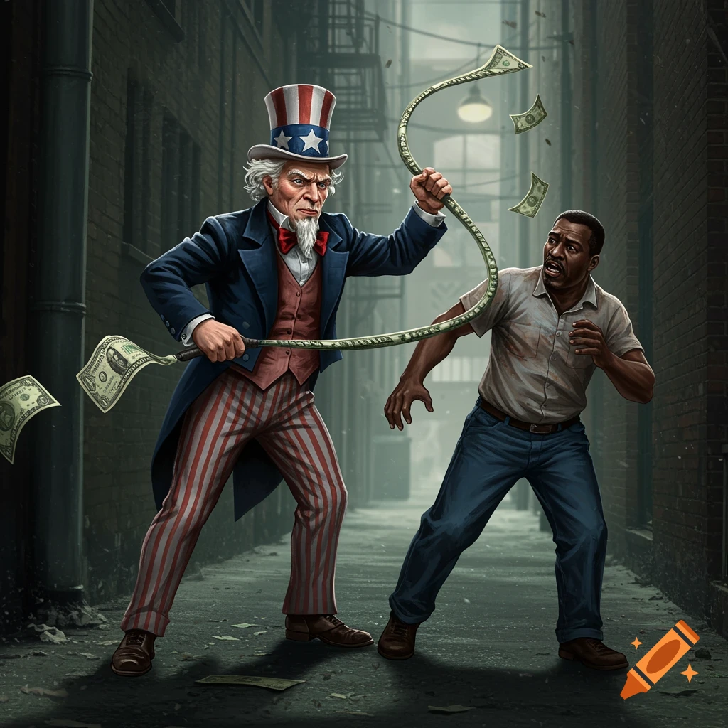 Uncle Sam whips a man with a dollar bill in a dark alley, illustration