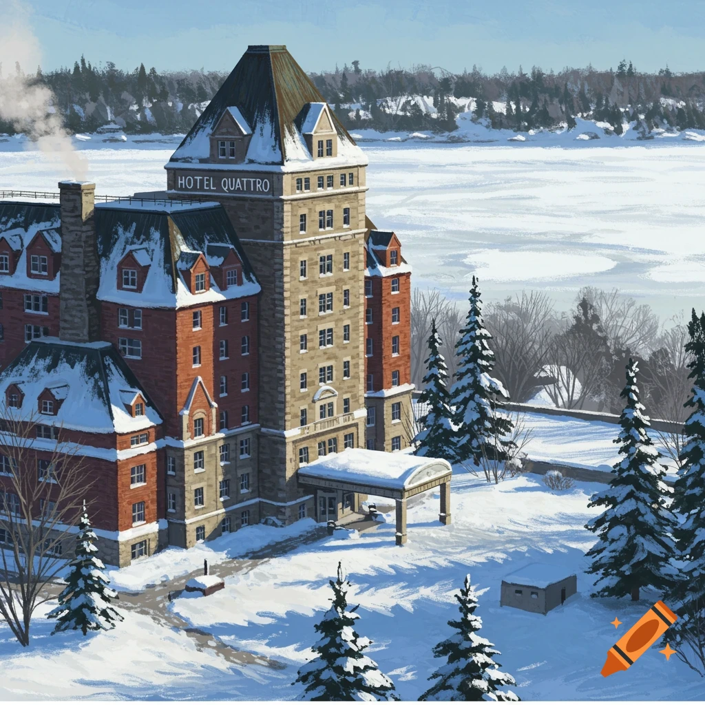A large, snow-covered hotel building is depicted in a winter landscape with pine trees and a frozen lake in the background. The style resembles a painting.