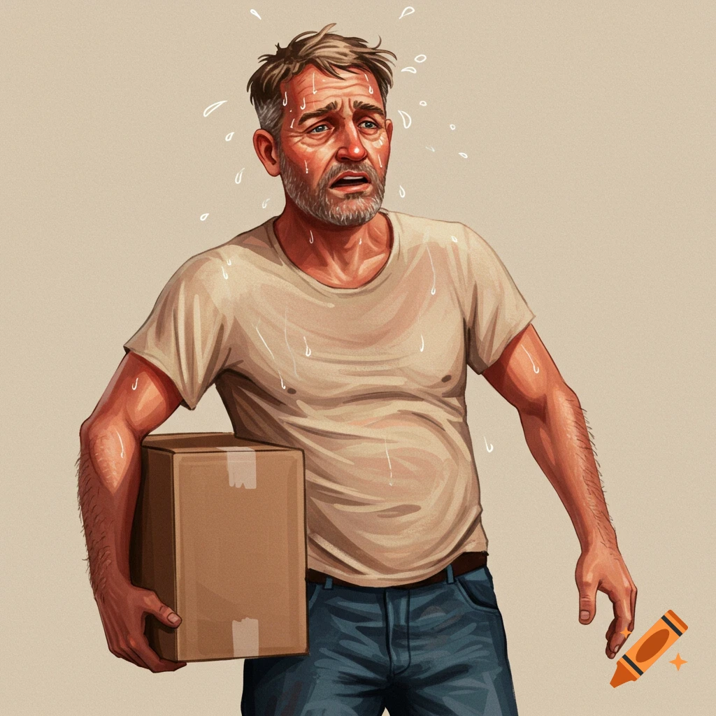 Illustration of a sweating man holding a cardboard box.
