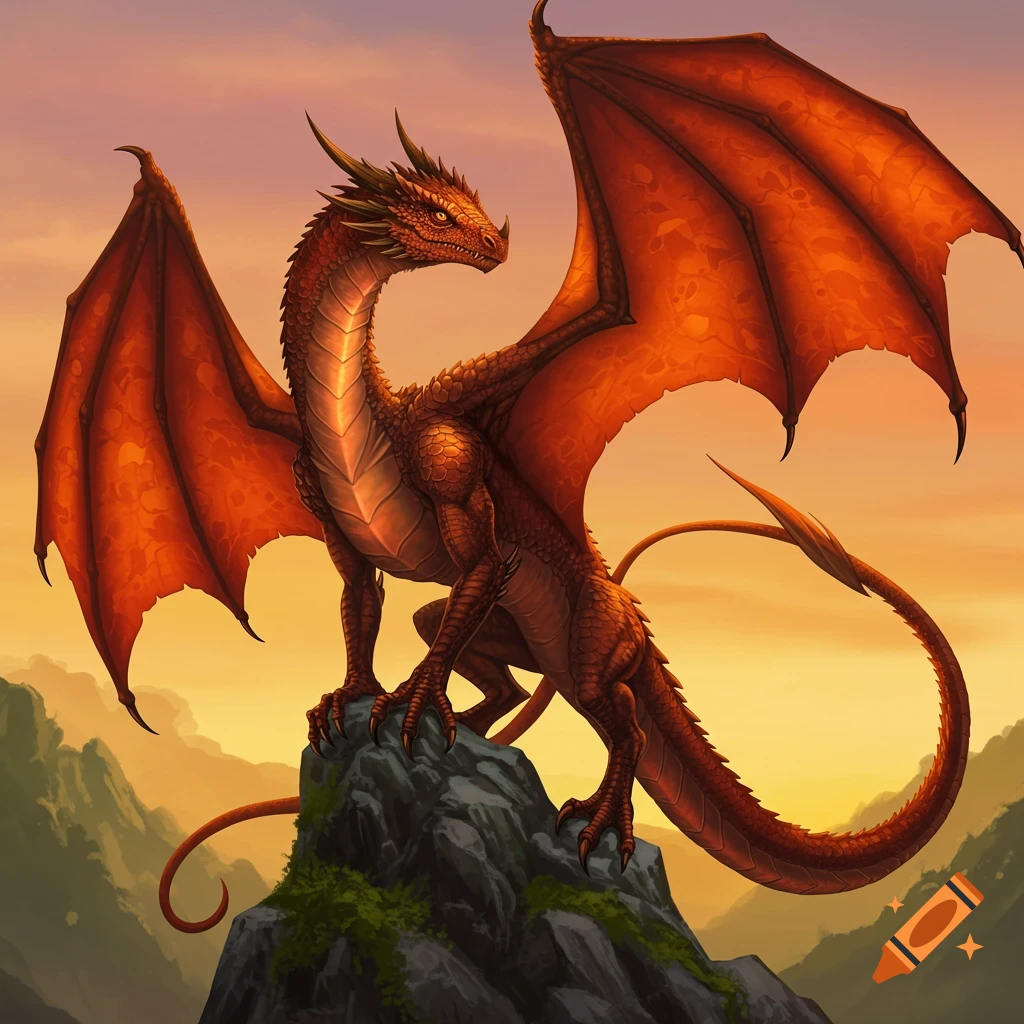 A red dragon stands on a rock at sunset.