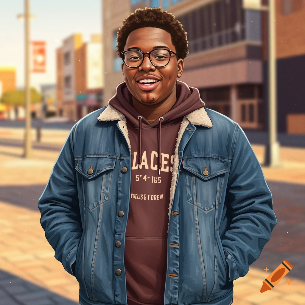 Portrait of a young black man smiling, wearing glasses, a hoodie, and a denim jacket on a city street.