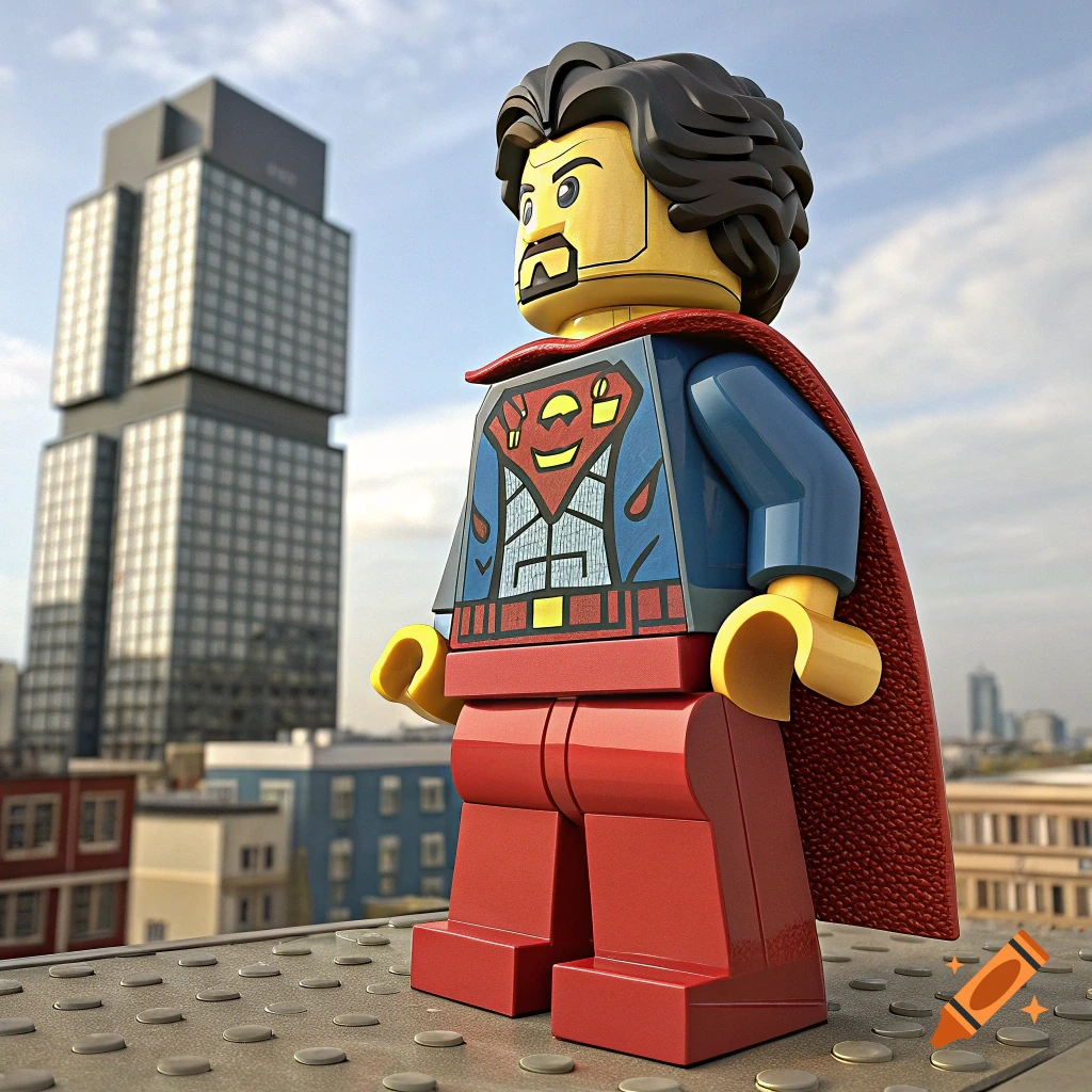 A photorealistic render of a Lego superhero figure standing on a rooftop with a city background.