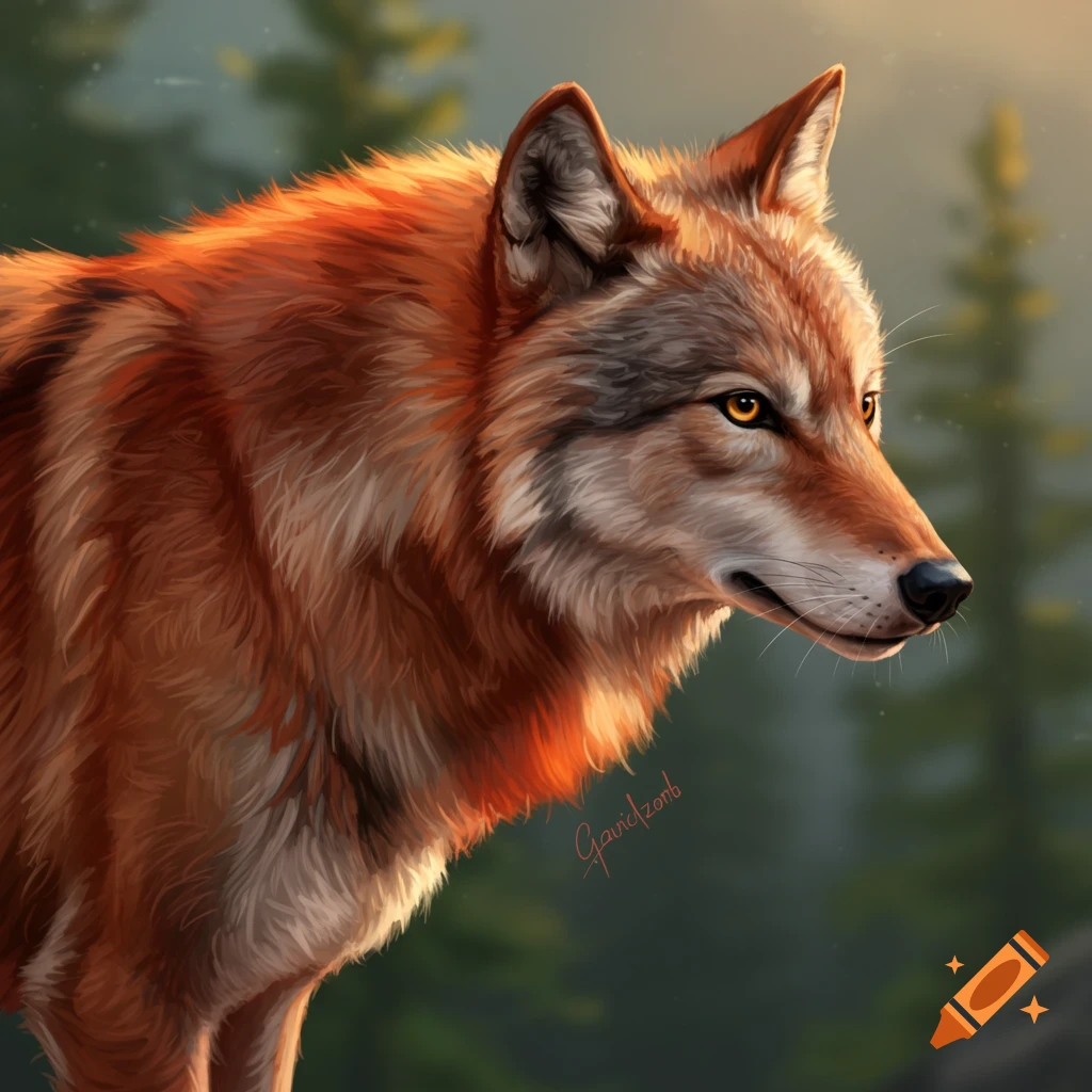 A close-up portrait of a red wolf in a forest.