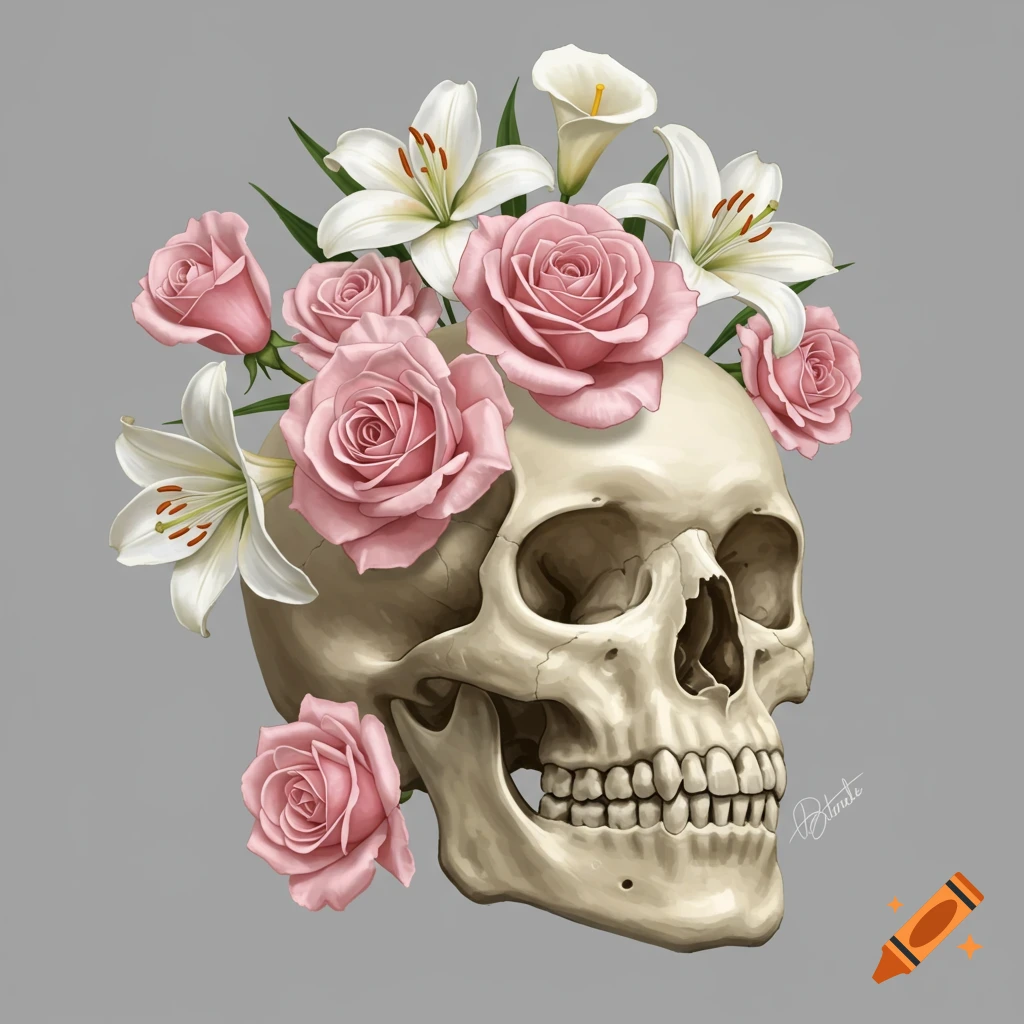Illustration of a skull decorated with pink roses and white lilies on a grey background