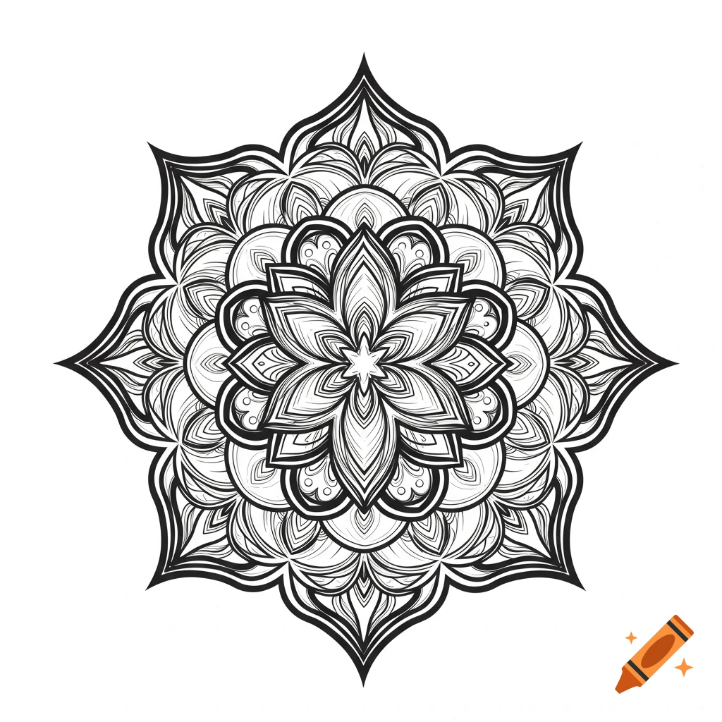 Black and white outline of a mandala pattern