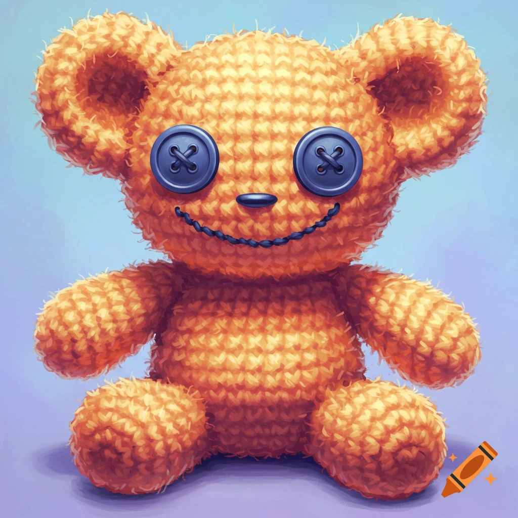 A detailed illustration of an orange crocheted teddy bear with blue button eyes.