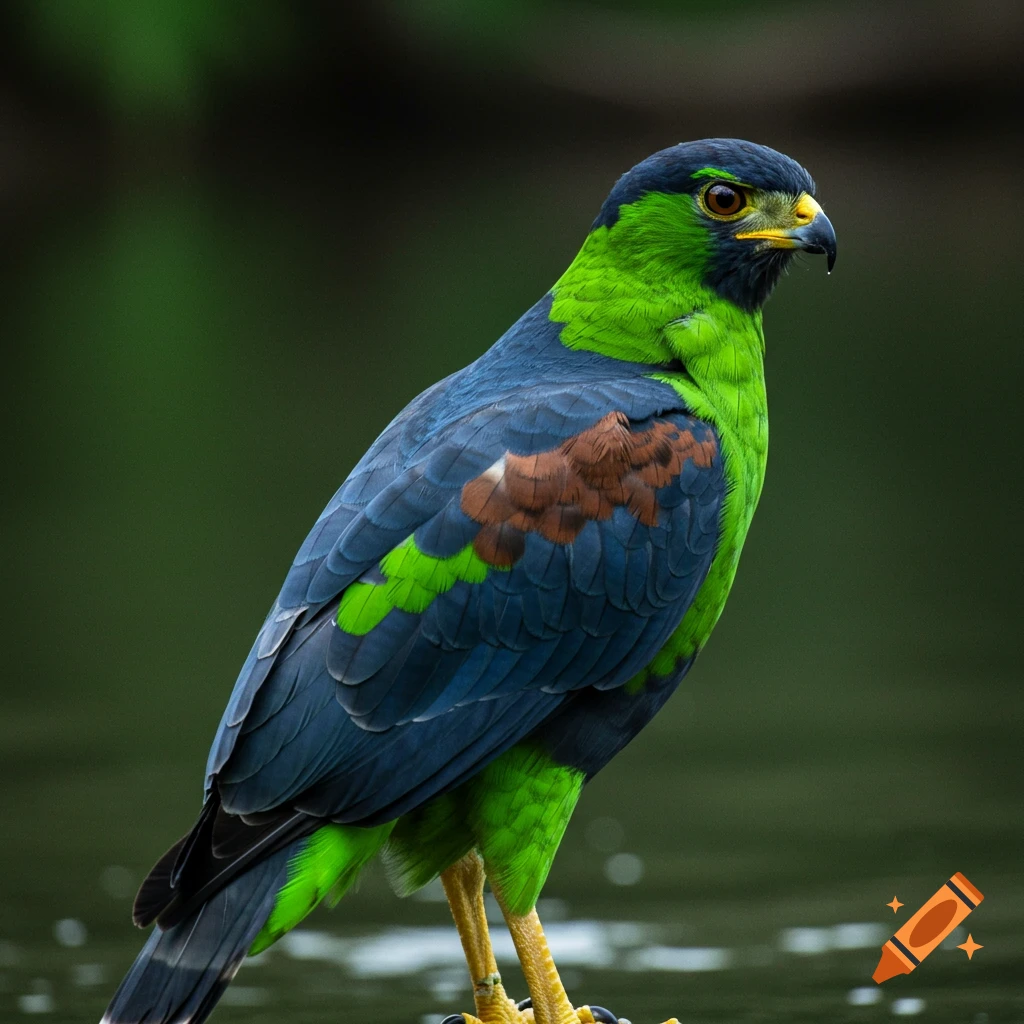 A river hawk with lime green and navy blue feathers stands.