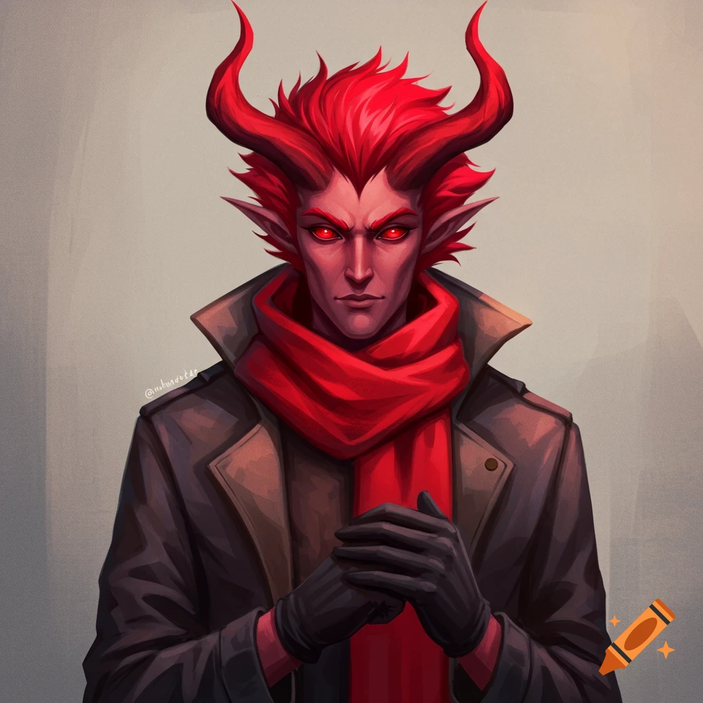 Illustration of a red-skinned character with red horns and glowing red eyes, wearing a brown coat and red scarf.