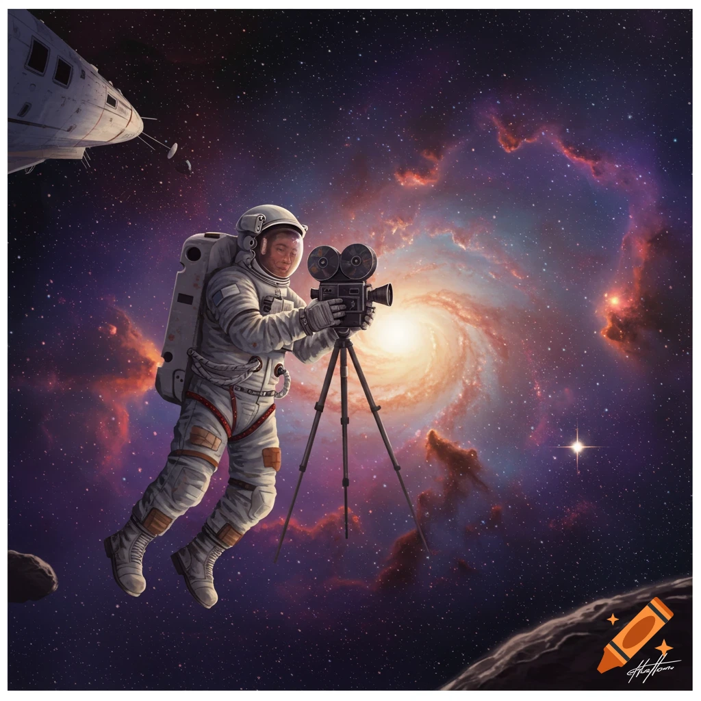 An astronaut floats in space filming a swirling galaxy with a vintage movie camera. A spaceship is in the background.