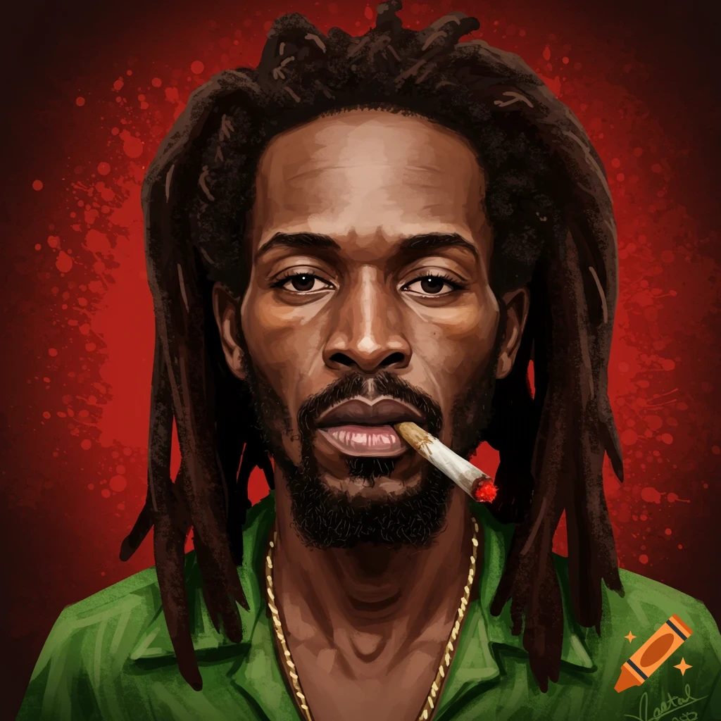 Stylized portrait of a man with dreadlocks smoking a spliff against a red background.