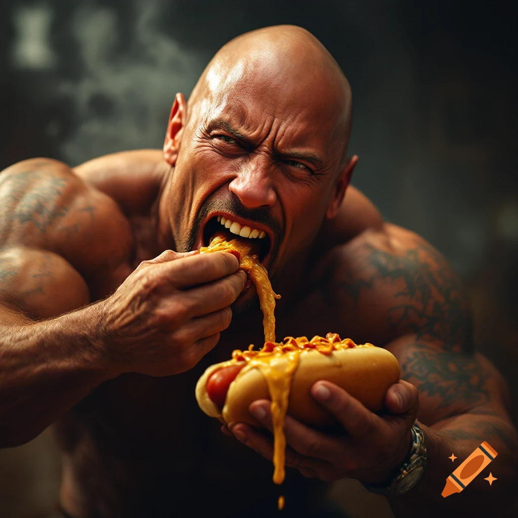 Close-up of a bald muscular man messily eating a hot dog, realistic photo