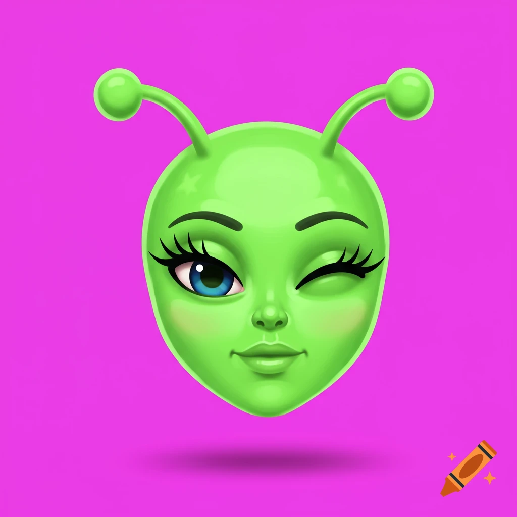 Green alien emoji with eyelashes winking on a pink background.